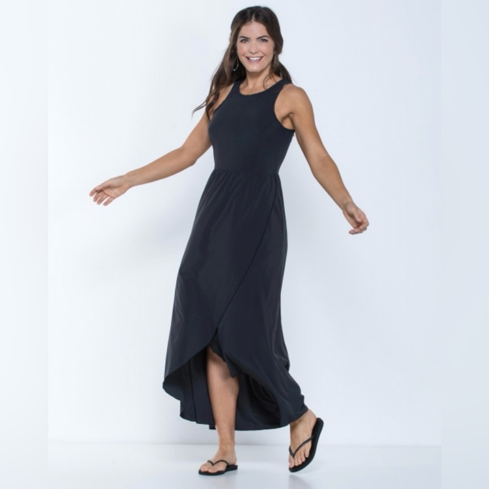 Eddie Bauer Black Sleeveless Maxi Dress with Faux-Wrap Skirt